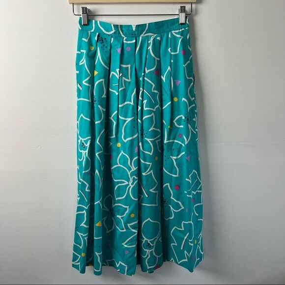 Chaus Vintage 80s Skirt MIDI Teal Vaporwave Polka Dot Flowers Womens Size 8 - Picture 9 of 11